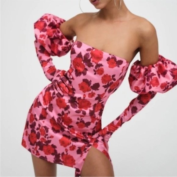 For Love & Lemons Huda Satin Mini Dress Puff Sleeve Gloves Floral Coquette Sz M - Picture 2 of 16